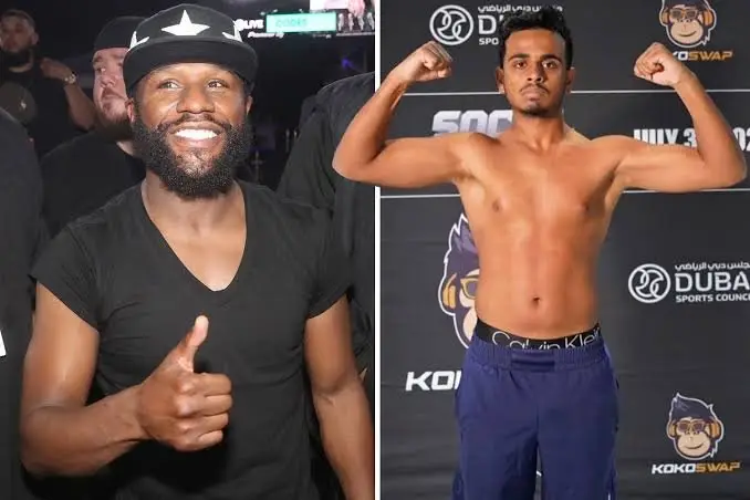 Floyd Mayweather next to Rashed Belhasa at a weigh-in event